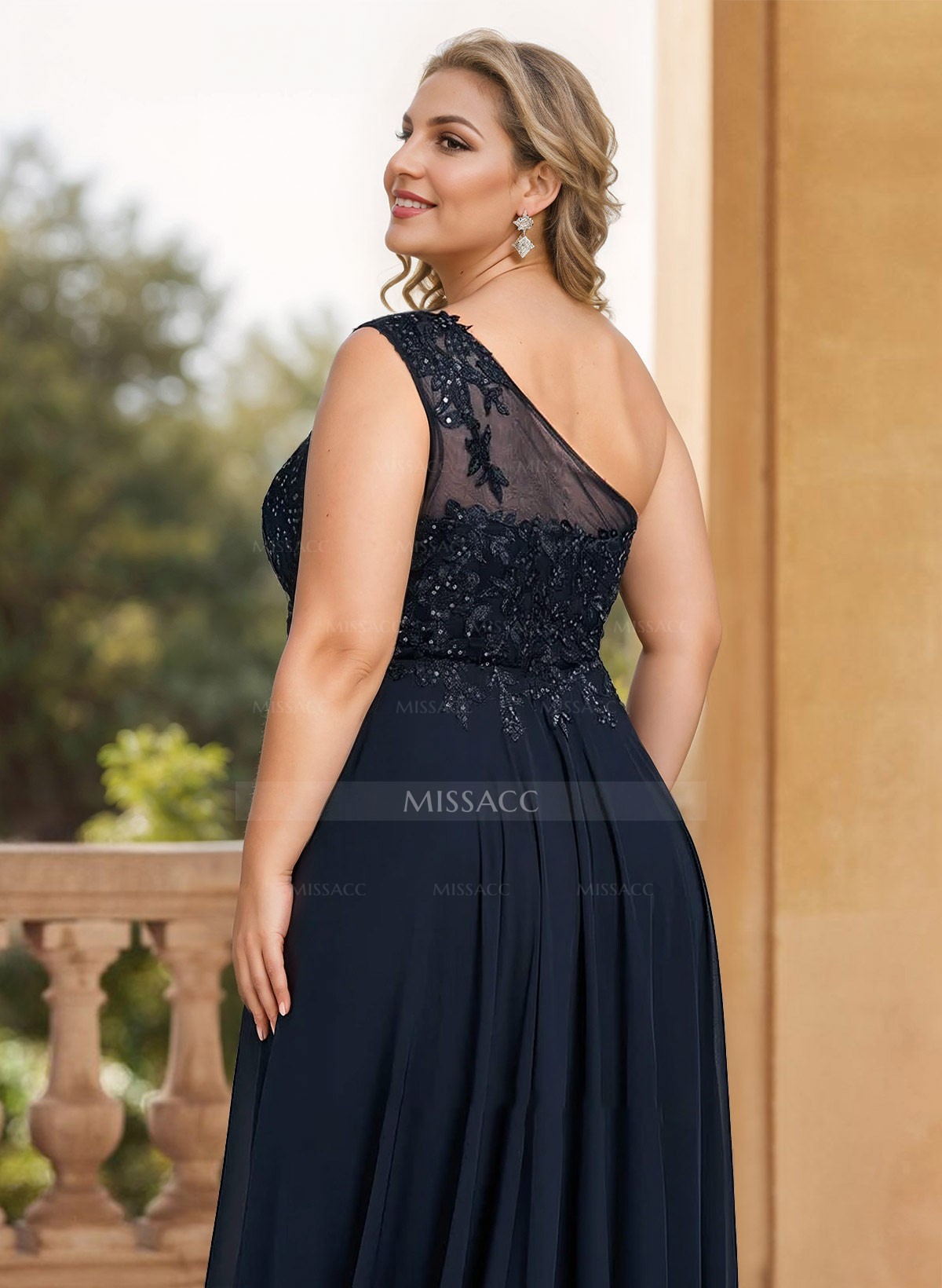 A-Line One-Shoulder Chiffon(Non-Stretch) Mother Of The Bride Dresses With Appliques Lace/High Split