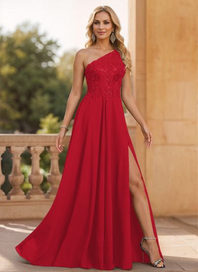 A-Line One-Shoulder Chiffon Mother Of The Bride Dresses With Appliques Lace/High Split