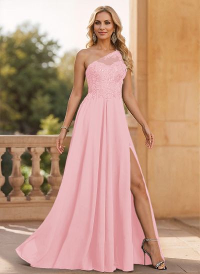 A-Line One-Shoulder Chiffon Mother Of The Bride Dresses With Appliques Lace/High Split