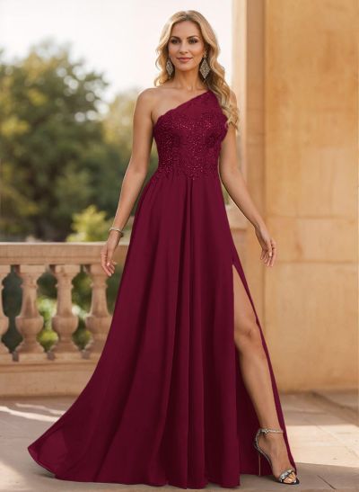 A-Line One-Shoulder Chiffon Mother Of The Bride Dresses With Appliques Lace/High Split A-Line One-Shoulder Chiffon Mother Of The Bride Dresses With Appliques Lace/High Split