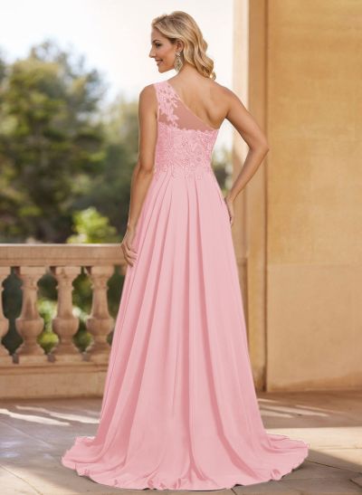 A-Line One-Shoulder Chiffon Mother Of The Bride Dresses With Appliques Lace/High Split