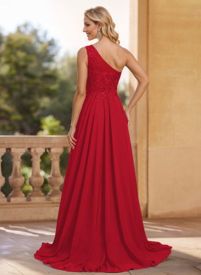 A-Line One-Shoulder Chiffon Mother Of The Bride Dresses With Appliques Lace/High Split