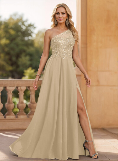 A-Line One-Shoulder Chiffon Mother Of The Bride Dresses With Appliques Lace/High Split