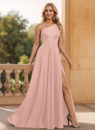 A-Line One-Shoulder Chiffon Mother Of The Bride Dresses With Appliques Lace/High Split
