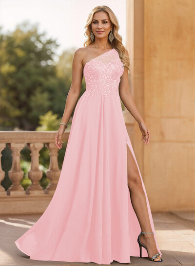 A-Line One-Shoulder Chiffon Mother Of The Bride Dresses With Appliques Lace/High Split