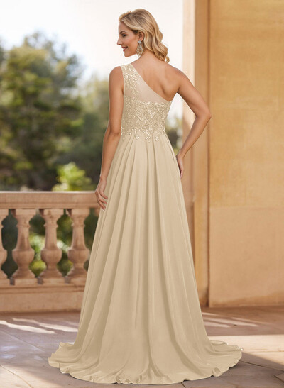 A-Line One-Shoulder Chiffon Mother Of The Bride Dresses With Appliques Lace/High Split