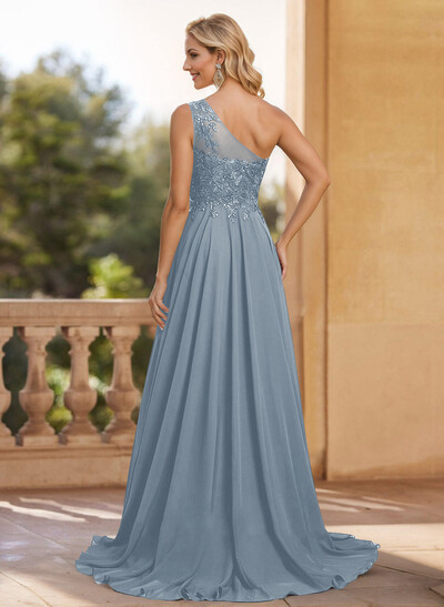 A-Line One-Shoulder Chiffon Mother Of The Bride Dresses With Appliques Lace/High Split