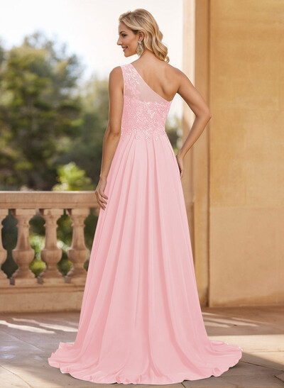 A-Line One-Shoulder Chiffon Mother Of The Bride Dresses With Appliques Lace/High Split