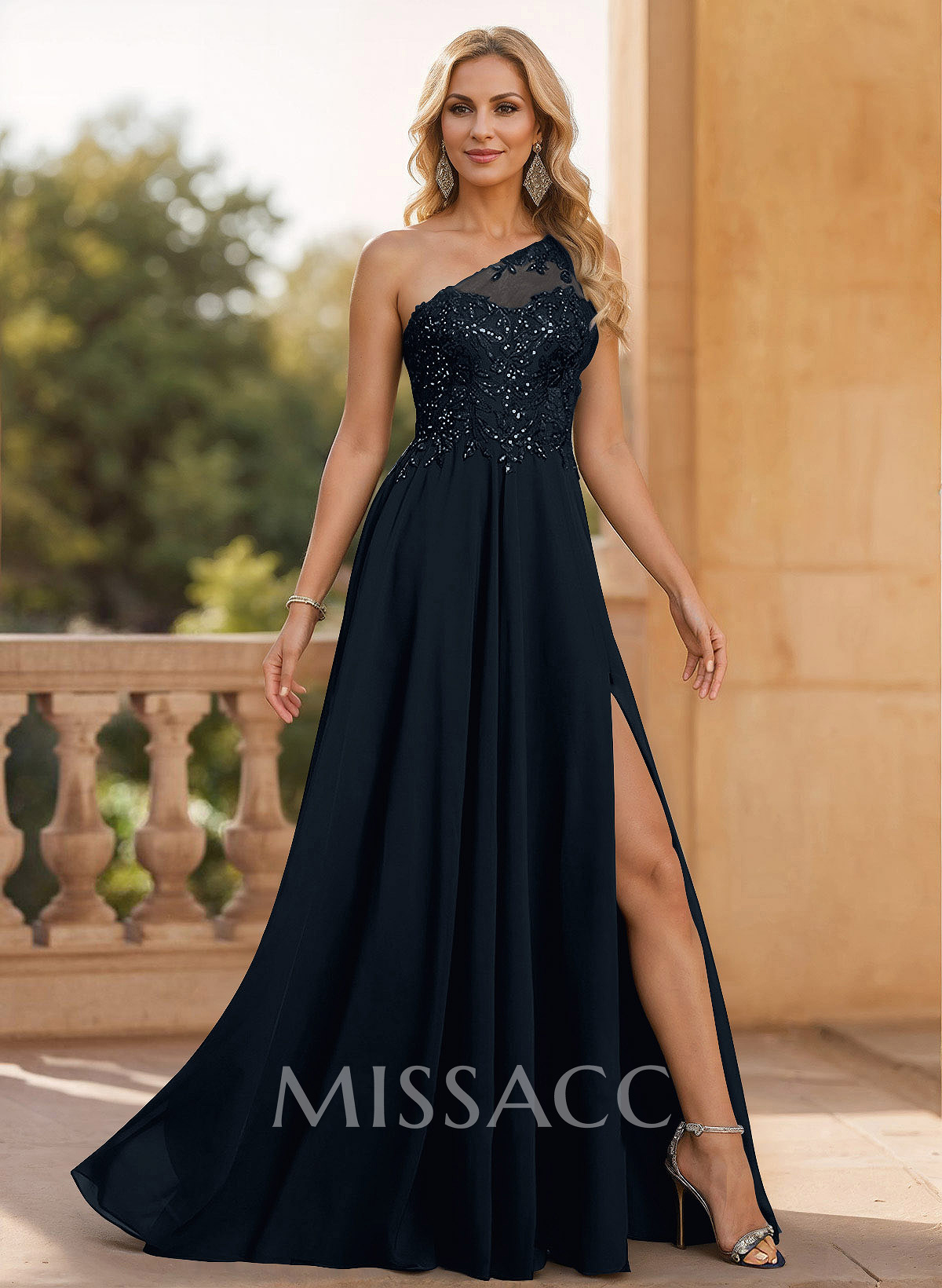 A-Line One-Shoulder Chiffon Mother Of The Bride Dresses With Appliques Lace/High Split