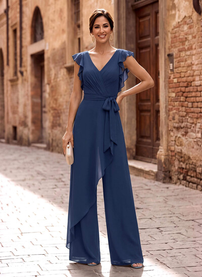 Jumpsuit/Pantsuit V-Neck Sleeveless Floor-Length Chiffon Evening Dresses