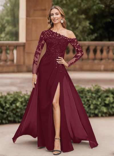 Lace Long Sleeves Asymmetrical Elegant Mother Of The Bride Dresses With Split Lace Long Sleeves Asymmetrical Elegant Mother Of The Bride Dresses With Split