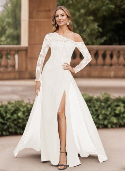Lace Long Sleeves Asymmetrical Elegant Mother Of The Bride Dresses With Split Lace Long Sleeves Asymmetrical Elegant Mother Of The Bride Dresses With Split