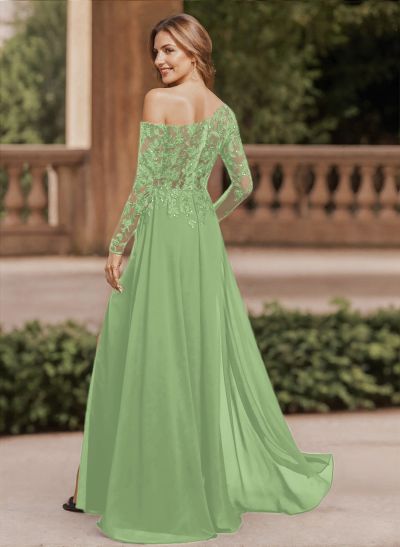 Lace Long Sleeves Asymmetrical Elegant Mother Of The Bride Dresses With Split Lace Long Sleeves Asymmetrical Elegant Mother Of The Bride Dresses With Split