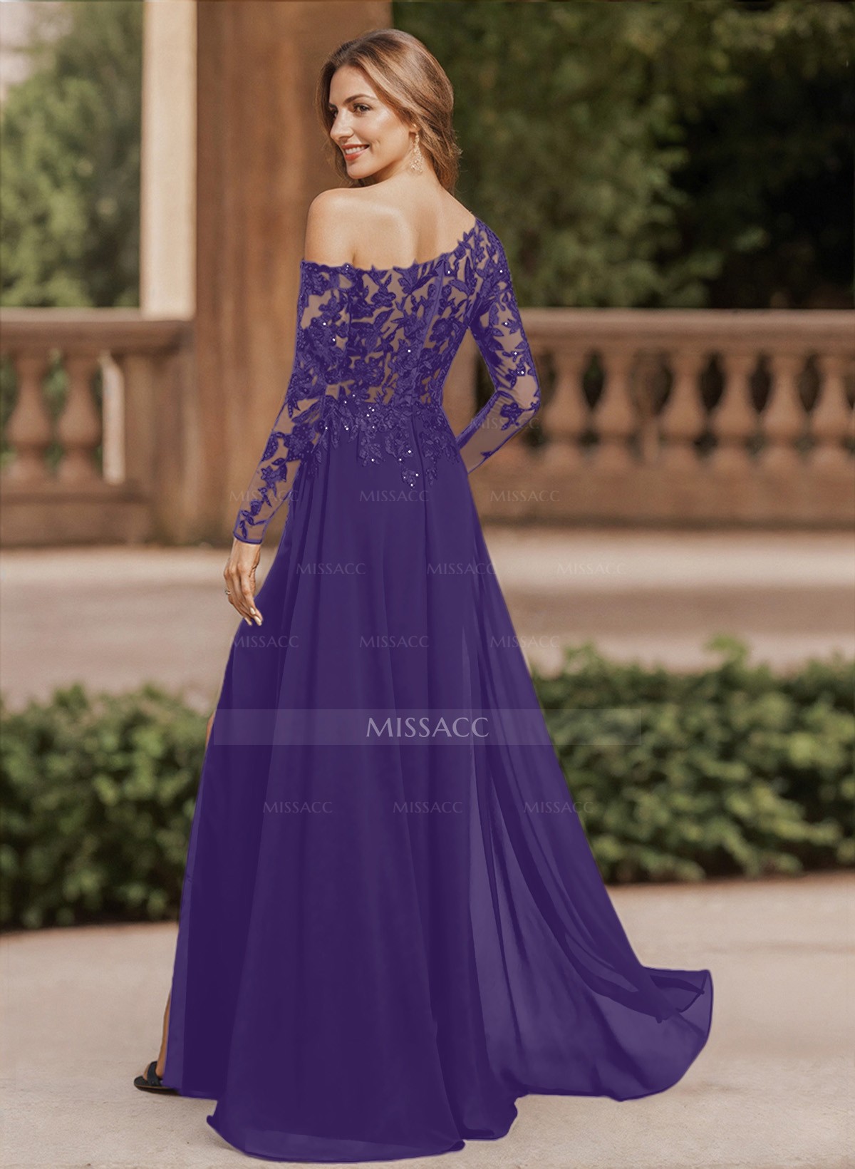 ANDRESD　damask gather dress ベージュ M Modest Bridal by Mon Cheri MOD217 Square Neck Lace Belt