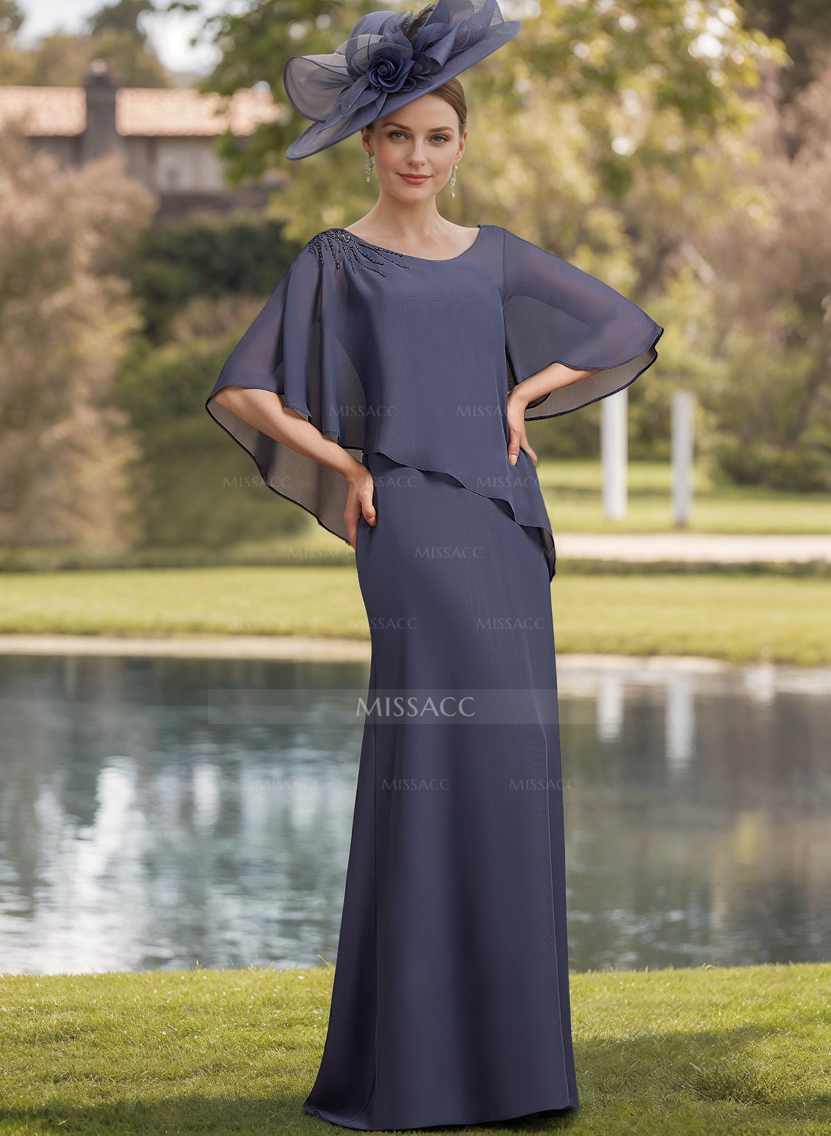 Sheath/Column Scoop Neck Chiffon(Non-Stretch) Mother Of The Bride Dresses