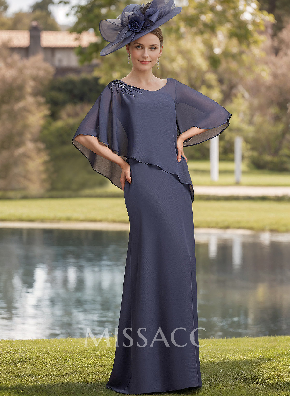 Sheath/Column Scoop Neck Chiffon(Non-Stretch) Mother Of The Bride Dresses