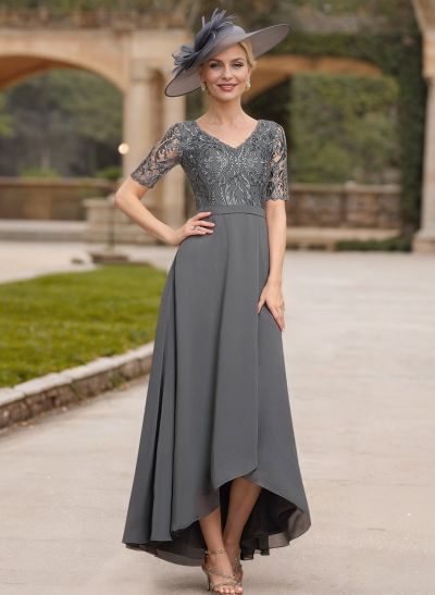 A-Line V-Neck Short Sleeves Chiffon Mother Of The Bride Dresses With Lace