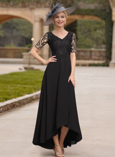 A-Line V-Neck Short Sleeves Chiffon Mother Of The Bride Dresses With Lace