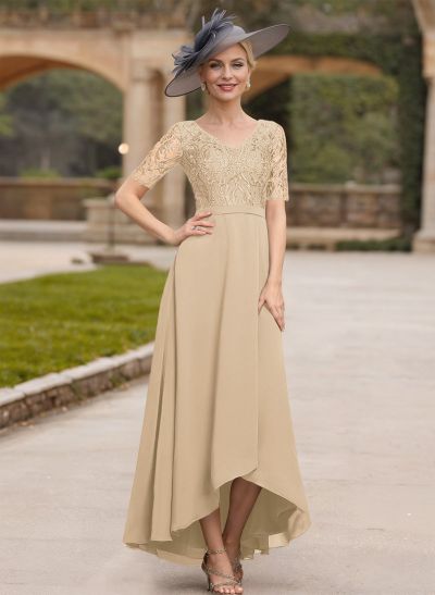 A-Line V-Neck Short Sleeves Chiffon Mother Of The Bride Dresses With Lace