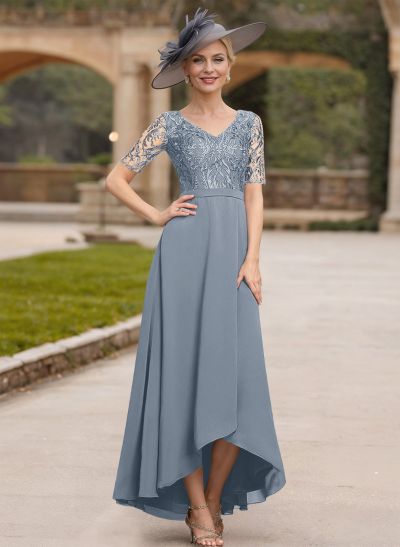 A-Line V-Neck Short Sleeves Chiffon Mother Of The Bride Dresses With Lace
