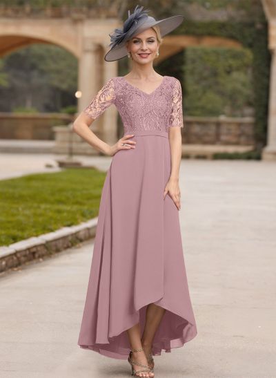 A-Line V-Neck Short Sleeves Chiffon Mother Of The Bride Dresses With Lace