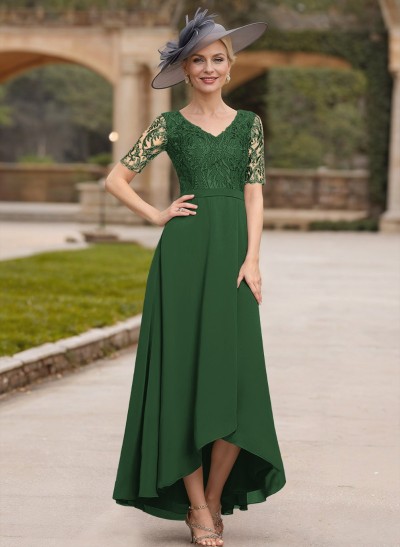 A-Line V-Neck Short Sleeves Chiffon Mother Of The Bride Dresses With Lace
