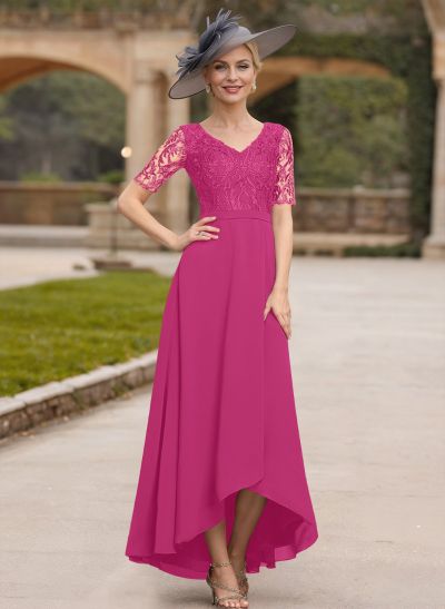 A-Line V-Neck Short Sleeves Chiffon Mother Of The Bride Dresses With Lace