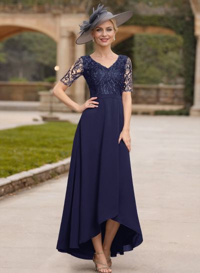 A-Line V-Neck Short Sleeves Chiffon Mother Of The Bride Dresses With Lace