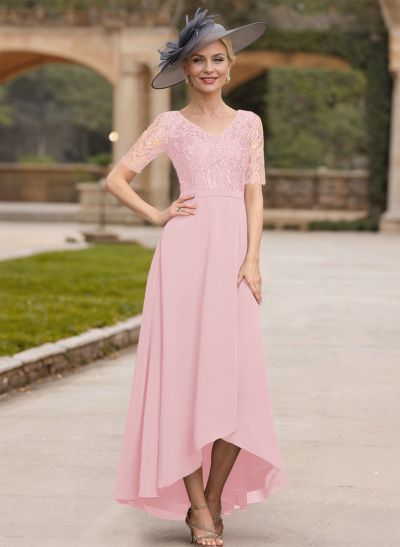 A-Line V-Neck Short Sleeves Chiffon Mother Of The Bride Dresses With Lace