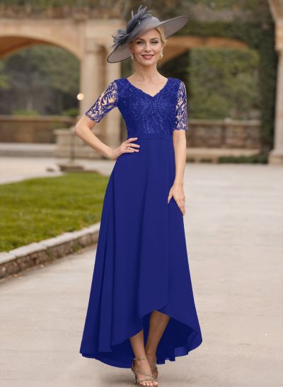 A-Line V-Neck Short Sleeves Chiffon Mother Of The Bride Dresses With Lace