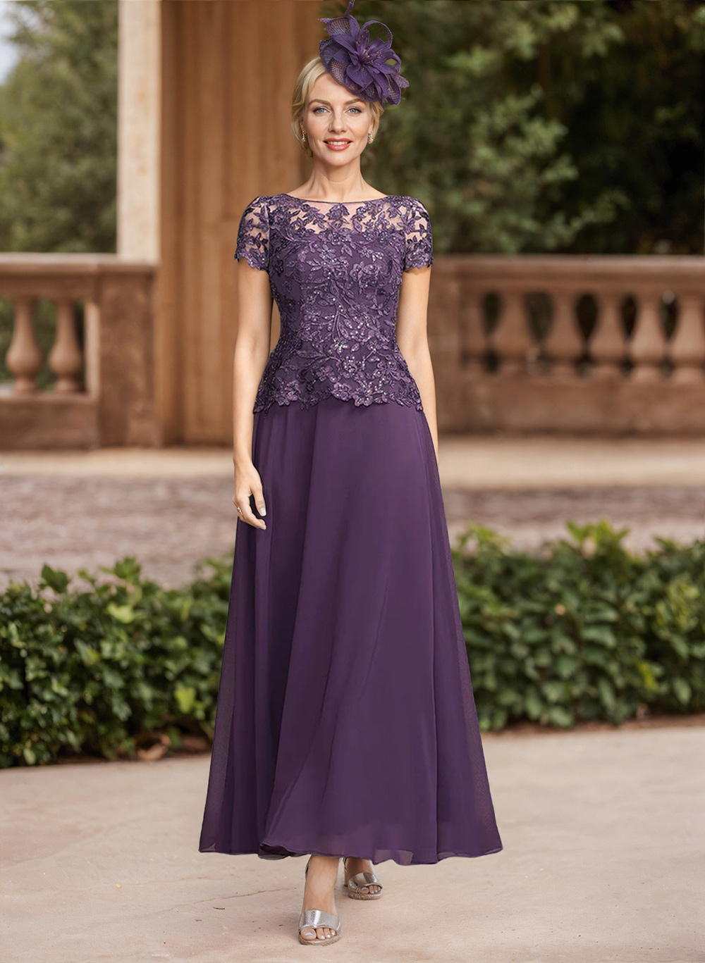 Purple dresses for special occasions - A-Line Illusion Neck Ankle-Length Chiffon Mother Of The Bride Dresses With Lace