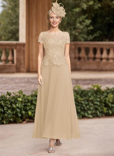 A-Line Illusion Neck Ankle-Length Chiffon Mother Of The Bride Dresses With Lace