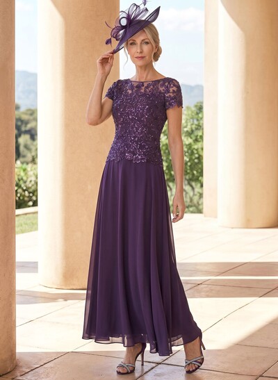 A-Line Illusion Neck Ankle-Length Chiffon Mother Of The Bride Dresses With Lace