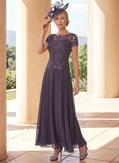 A-Line Illusion Neck Ankle-Length Chiffon Mother Of The Bride Dresses With Lace