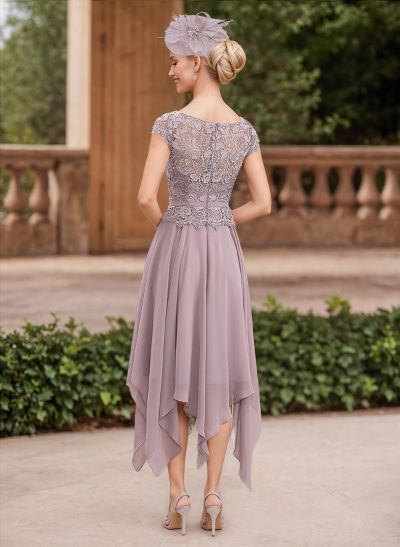 A-Line Scoop Neck Asymmetrical Chiffon Mother Of The Bride Dresses With Lace