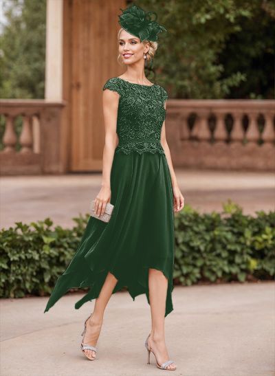 A-Line Scoop Neck Asymmetrical Chiffon Mother Of The Bride Dresses With Lace