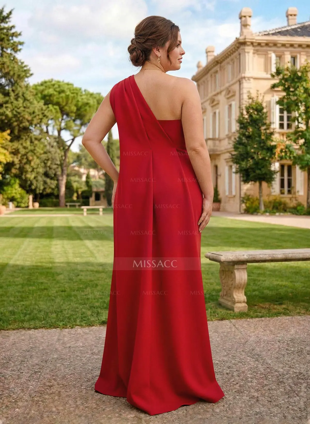 strapless open back dress Red Pleated Charmeuse One-Shoulder Evening Gown with Ruffle Detail main image 0