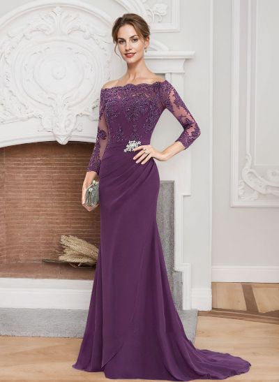 Sheath/Column Off-The-Shoulder Lace/Chiffon Mother Of The Bride Dresses With Appliques Lace