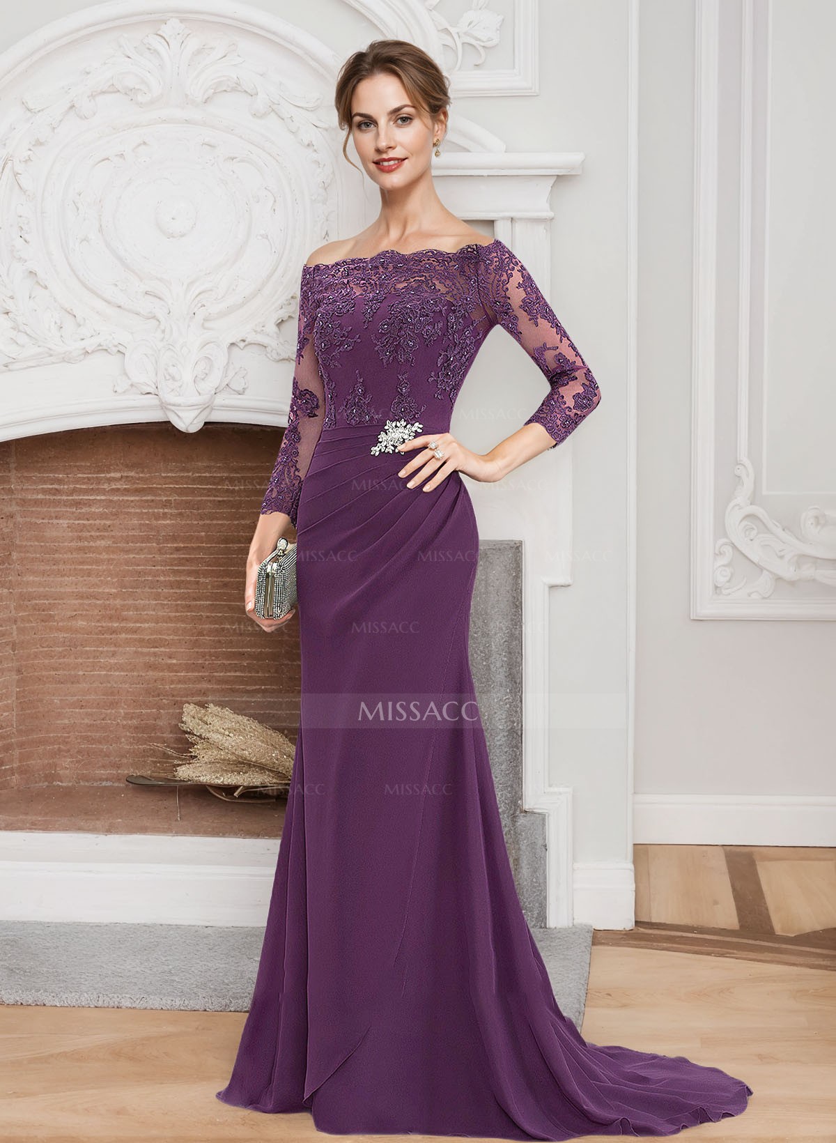 Sheath/Column Off-The-Shoulder Lace/Chiffon Mother Of The Bride Dresses With Appliques Lace