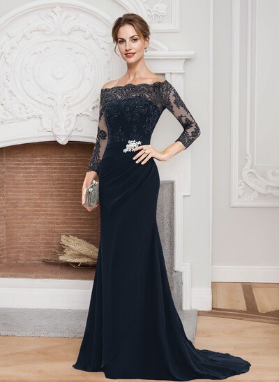 Sheath/Column Off-The-Shoulder Lace/Chiffon Mother Of The Bride Dresses With Appliques Lace