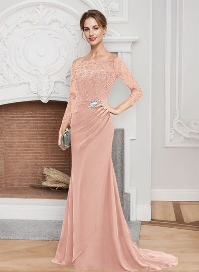 Sheath/Column Off-The-Shoulder Lace/Chiffon Mother Of The Bride Dresses With Appliques Lace