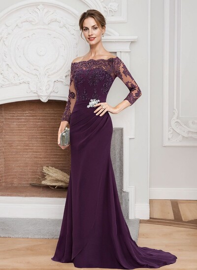 Sheath/Column Off-The-Shoulder Lace/Chiffon Mother Of The Bride Dresses With Appliques Lace
