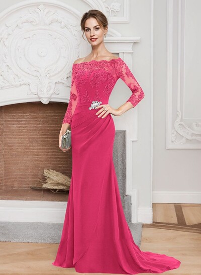Sheath/Column Off-The-Shoulder Lace/Chiffon Mother Of The Bride Dresses With Appliques Lace