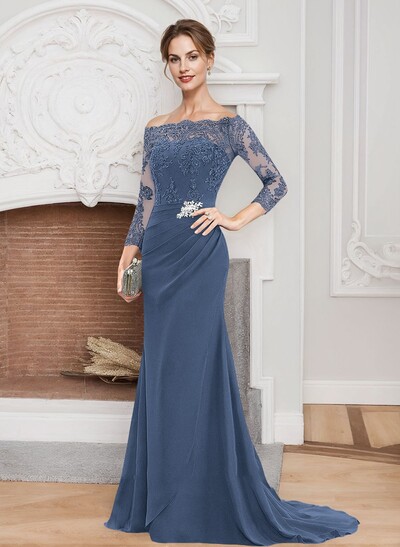 Sheath/Column Off-The-Shoulder Lace/Chiffon Mother Of The Bride Dresses With Appliques Lace