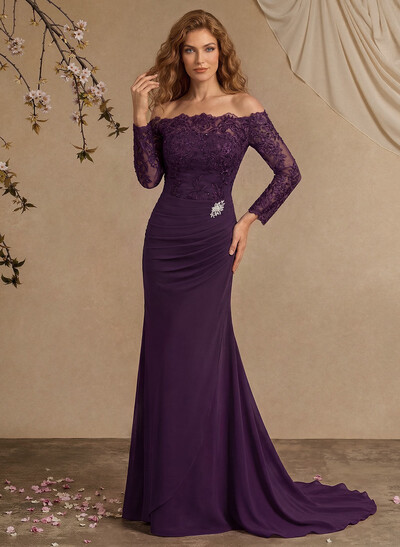 Sheath/Column Off-The-Shoulder Lace/Chiffon Mother Of The Bride Dresses With Appliques Lace