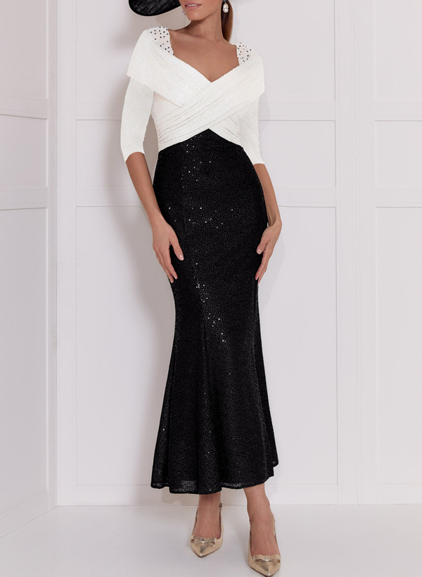 Trumpet/Mermaid V-Neck 3/4 Sleeves Ankle-Length Sequined Mother Of The Bride Dresses