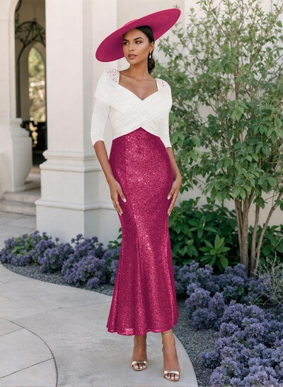 Trumpet/Mermaid V-Neck 3/4 Sleeves Ankle-Length Sequined Mother Of The Bride Dresses