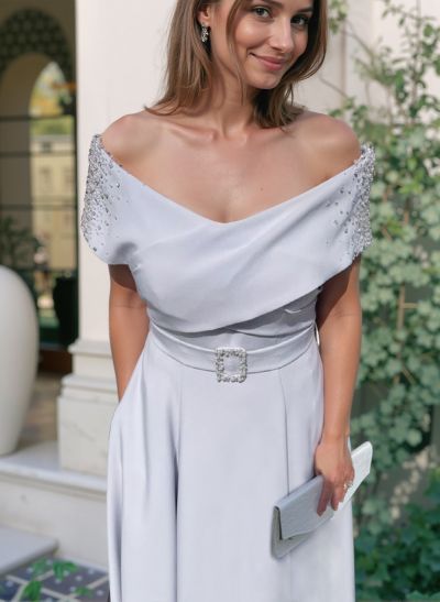 A-Line Off-The-Shoulder Tea-Length Chiffon Mother Of The Bride Dresses With Beading