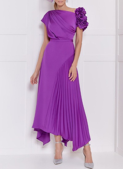 A-Line Asymmetrical Silk Like Satin Mother Of The Bride Dresses With Pleated/Flower(s)