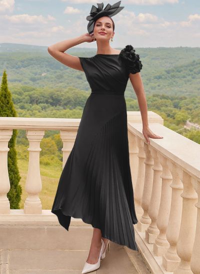 A-Line Asymmetrical Silk Like Satin Mother Of The Bride Dresses With Pleated/Flower(s)